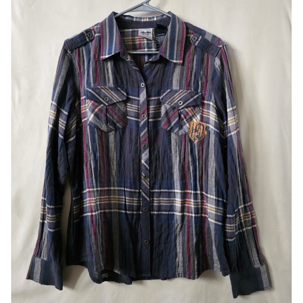 Harley Davidson Womens Plaid Button Up Shirt Graphic Back Logo Purple Blue Med